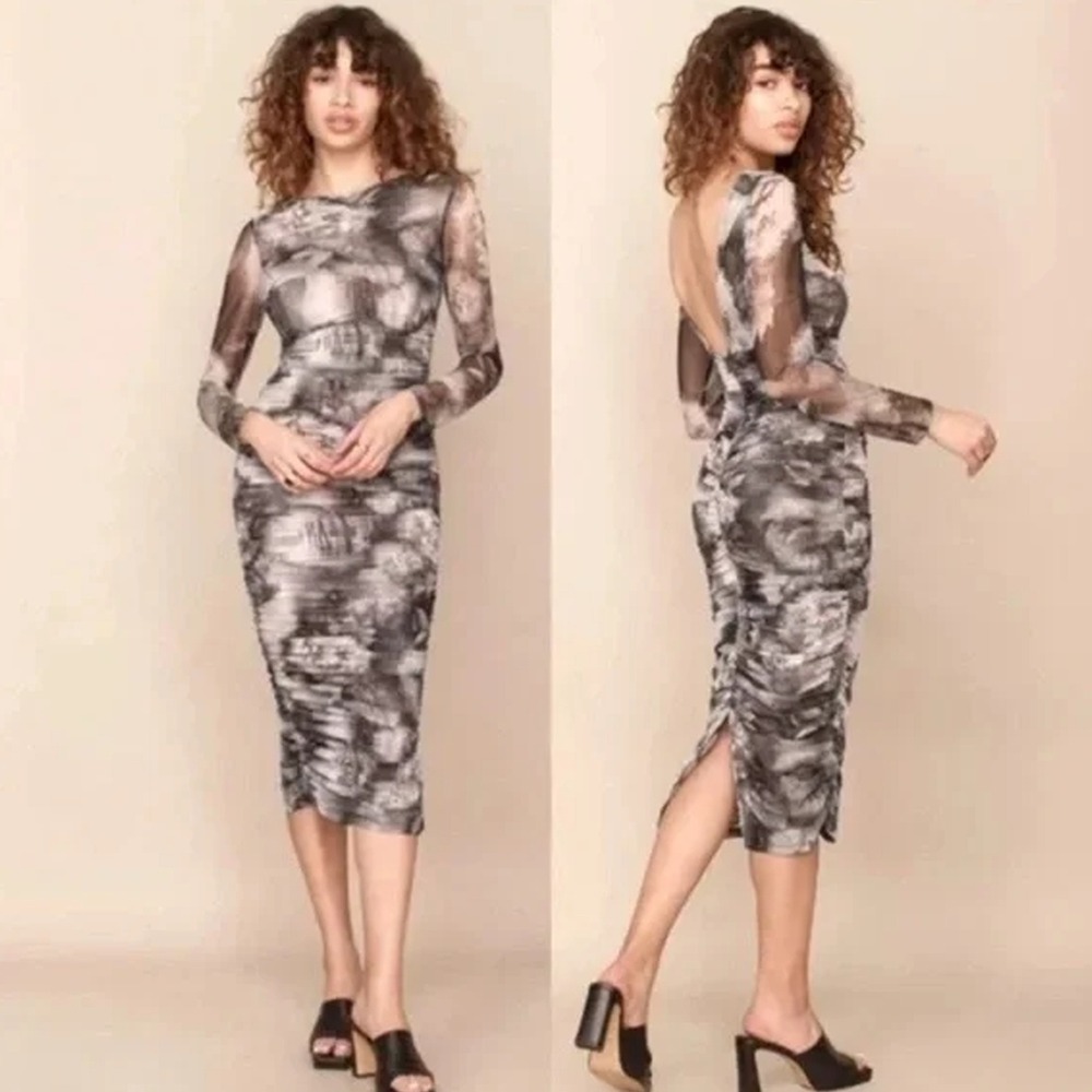 Reformation Ash Dress‎ XS Long Sleeve Mesh Midi Ruched Floral Print Bodycon Grey